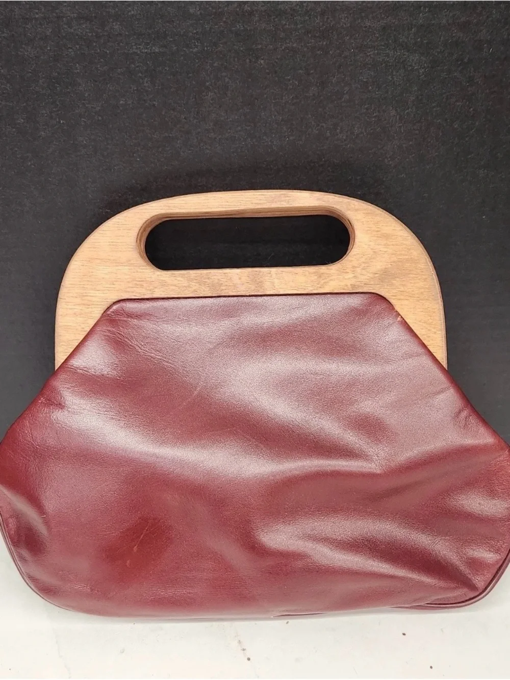 Vintage Leather Tote Bag with Wooden Handle - Oxblood